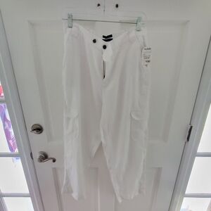 4/$19 White Linen Cargo Pants Sz L NWT Lagenlook Coastal Beachy Vacation